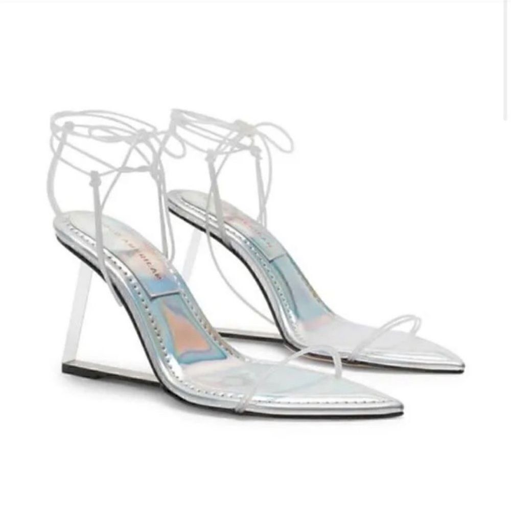 Good American NIB Cinderella Ankle Strap Wedge Sandal in Silver 8.5